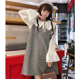 Frill-trim Blouse/ Beaded Pinafore Dress