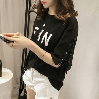 Lace-up Lettering Elbow-sleeve T-shirt