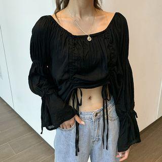 Long-sleeve Crinkled Drawstring Cropped Top