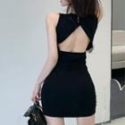 Open-back Plain Bodycon Dress Black - One Size