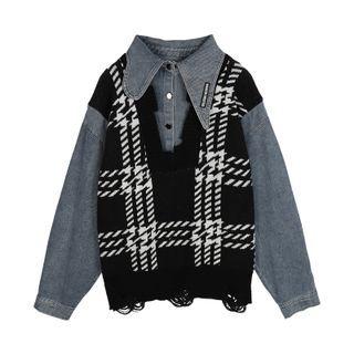 Mock Two-piece Knit Panel Denim Top Denim Top - Black & Blue - One Size