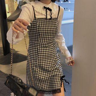 Long-sleeve Blouse / Spaghetti Strap Houndstooth Mini Sheath Dress