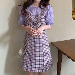 Set: Short-sleeve Blouse + Plaid Mini A-line Pinafore Dress