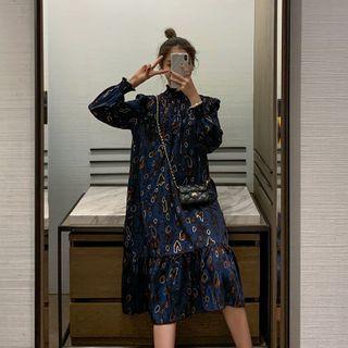 Mock Turtleneck Printed Long-sleeve Midi A-line Dress