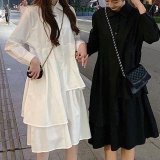 Long-sleeve Asymmetric Midi A-line Shirt Dress