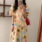 Puff-sleeve V Neck Floral Dress