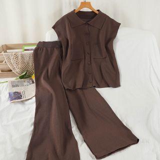 Set: Button-up Knit Vest + Wide-leg Pants