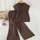 Set: Button-up Knit Vest + Wide-leg Pants