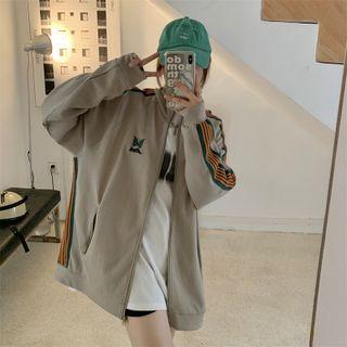 Striped Panel Butterfly Embroidered Zip Jacket