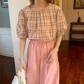 Elbow-sleeve Plaid Blouse / Wide-leg Pants