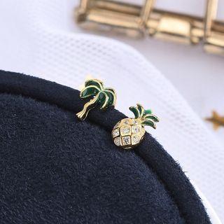 925 Sterling Silver Rhinestone Pineapple / Tree Earring 1 Pair - Earring - Pineapple & Coconut Tree - One Size