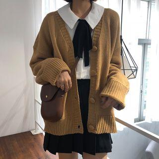Bow Accent Blouse / V-neck Cardigan / High Waist Pleated Skirt