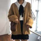 Bow Accent Blouse / V-neck Cardigan / High Waist Pleated Skirt
