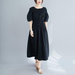 Ruched Puff-sleeve Midi A-line Dress