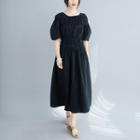 Ruched Puff-sleeve Midi A-line Dress