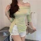 Short-sleeve Off-shoulder Slit-hem T-shirt