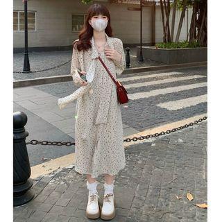 Long-sleeve Floral Midi Smock Dress Off-white - One Size