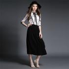 Set: Lace-trim Blouse + Midi Skirt