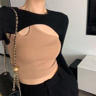Long-sleeve Plain Shrug Top / Plain Camisole