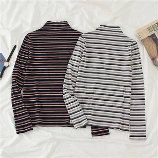 Mock-turtleneck Striped Long-sleeve T-shirt