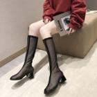 Fishnet Block Heel Knee High Boots