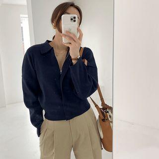 Collared Zip-up Cardigan Navy Blue - One Size