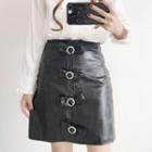 Long-sleeve Tie-neck Plain Blouse / Faux-leather Pencil Skirt