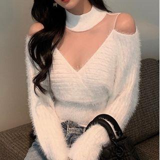 Long-sleeve Cold Shoulder Mesh Panel Mock-neck Sweater