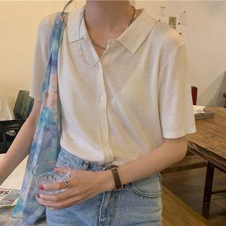 Short-sleeve Lapel Button-up Knit Top