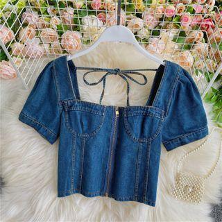 Square-neck Short-sleeve Denim Blouse