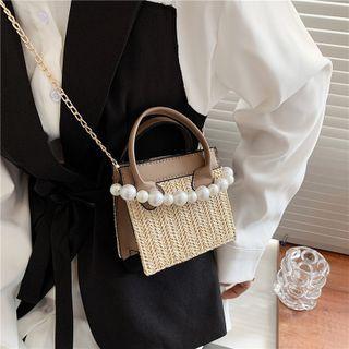 Faux Pearl Top Handle Woven Crossbody Bag