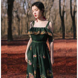 Flower Print Cold-shoulder Chiffon Dress
