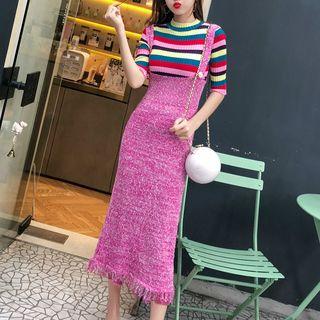 Set: Elbow-sleeve Striped Knit Top + Midi Knit Suspender Skirt