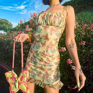 Butterfly Print Spaghetti-strap Sheath Dress