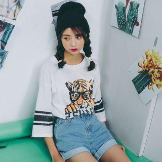 3/4-sleeve Tiger Print T-shirt White - One Size