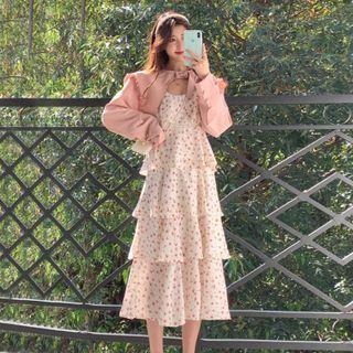 Spaghetti Strap Floral Midi A-line Dress / Plain Crop Top