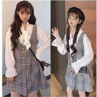 Set: Shirt + Plaid Pinafore Mini Dress