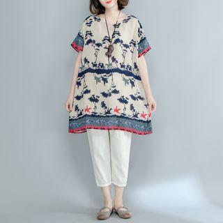 Printed Short-sleeve Linen Top