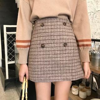 Button Front Plaid Fitted Mini Skirt