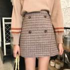 Button Front Plaid Fitted Mini Skirt