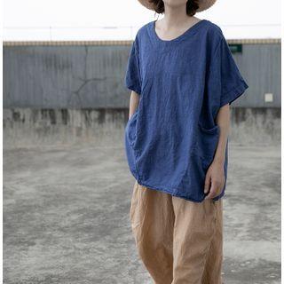 Short-sleeve Pocket Detail Blouse Blue - One Size