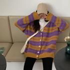 Color-block V-neck Striped Knit Cardigan Purple - One Size