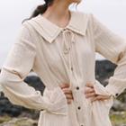 Long-sleeve Collared A-line Midi Dress Beige - M