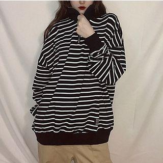 Striped Zip Collar Pullover Black - One Size