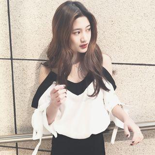 Two-tone Cold Shoulder Elbow-sleeve Top