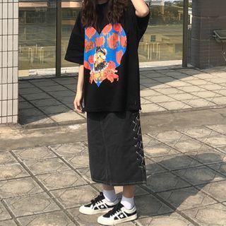 High-waist Washed Drawstring A-line Skirt