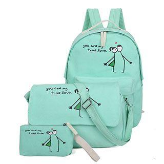 Set Of 3: Print Canvas Backpack + Shoulder Bag + Zip Pouch