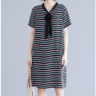 Short-sleeve Ribbon Striped Chiffon Dress