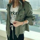 Pocket-detail Fringed-hem Safari Jacket Khaki - One Size