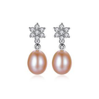 Sterling Silver Fashion And Elegant Flower Pink Freshwater Pearl Earrings With Cubic Zirconia Silver - One Size